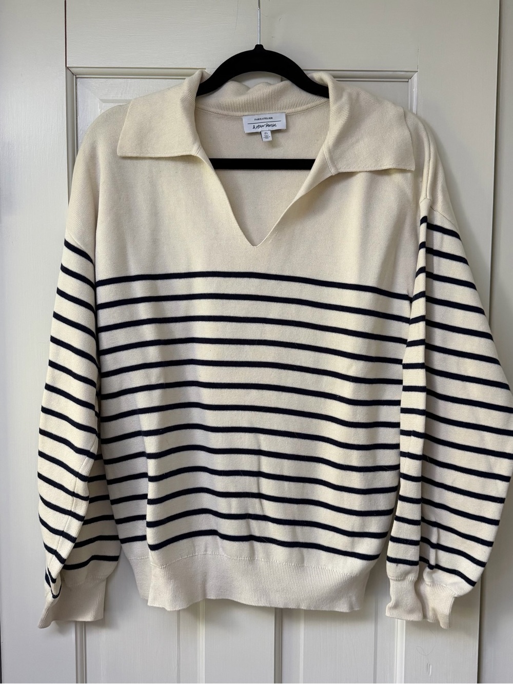 & Other Stories Cream V-Neck Collared Sweater with Navy Stripes